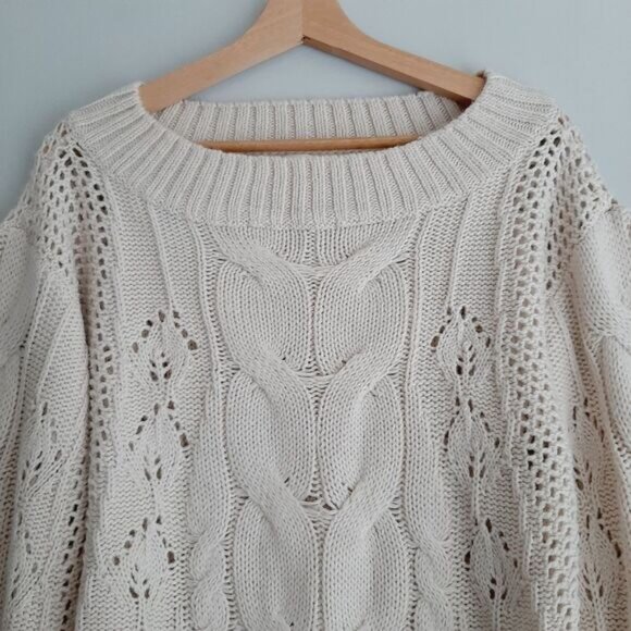 CLOTH by RD Cable Knit Scoop Neck Pullover Knit Sweater Puff Sleeve White Sz XS - Picture 2 of 16